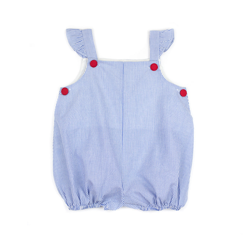 blue and white stripe flutter sleeve bubble with red buttons