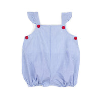 blue and white stripe flutter sleeve bubble with red buttons