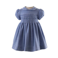 Blue Scalloped Trim Smocked Dress