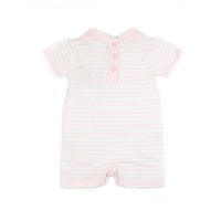 pink stripe knit baby romper with buttons down the back