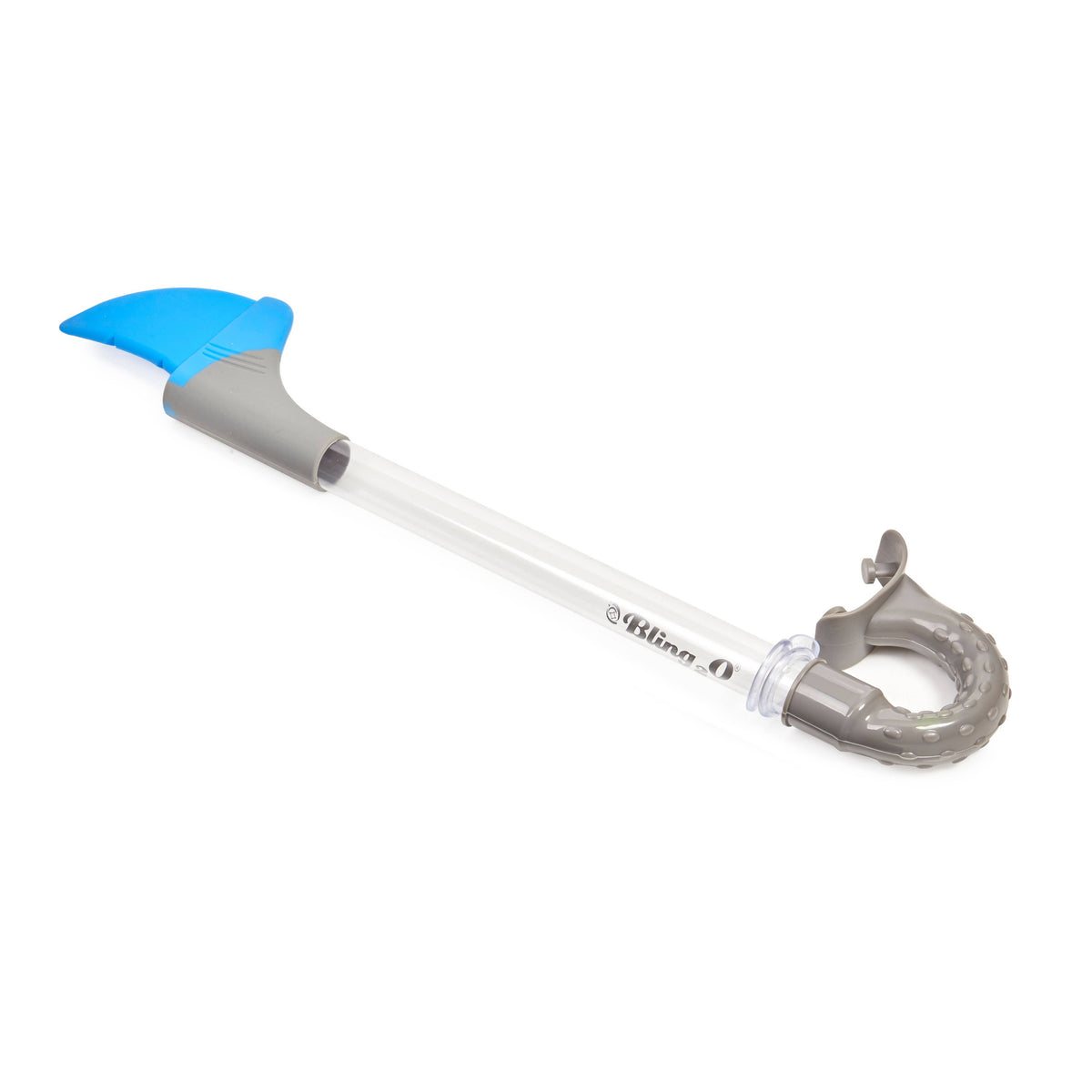 Shark fin snorkel with gray handle on a white background.