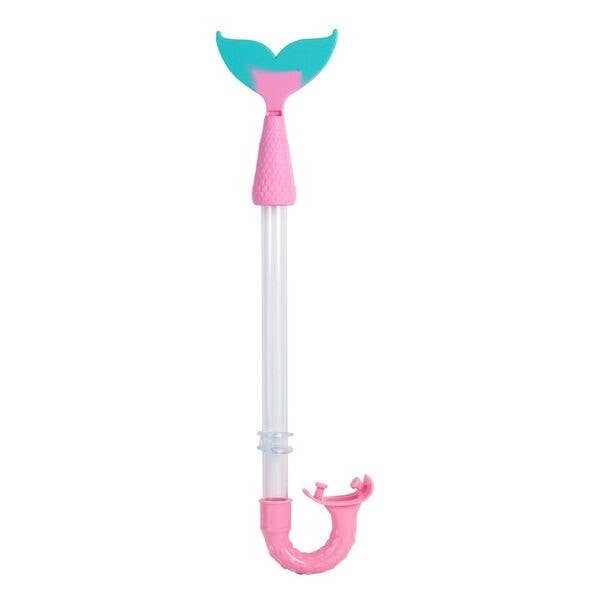 Mermaid tail swim snorkel with pink body and blue tail on a white background