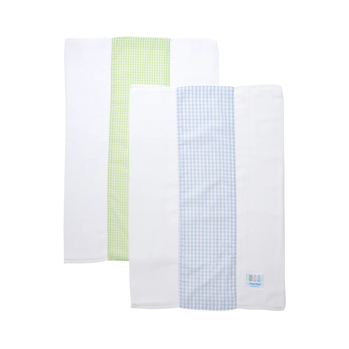 Two folded baby burp cloths stacked together on a white background. The top cloth is white with a light green gingham stripe, and the bottom cloth is white with a light blue gingham stripe.