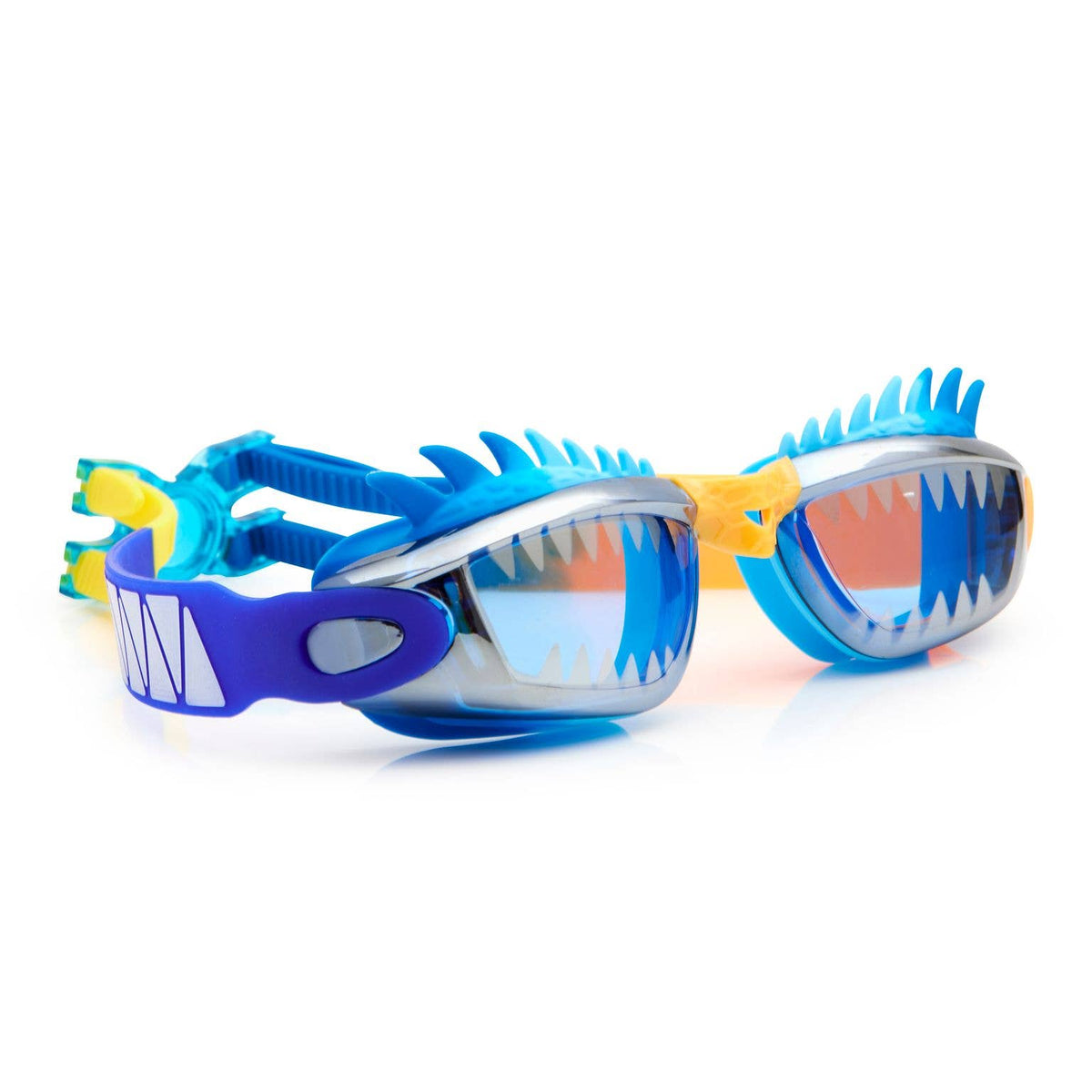 Shark-themed swim goggles with blue and yellow design on a white background.