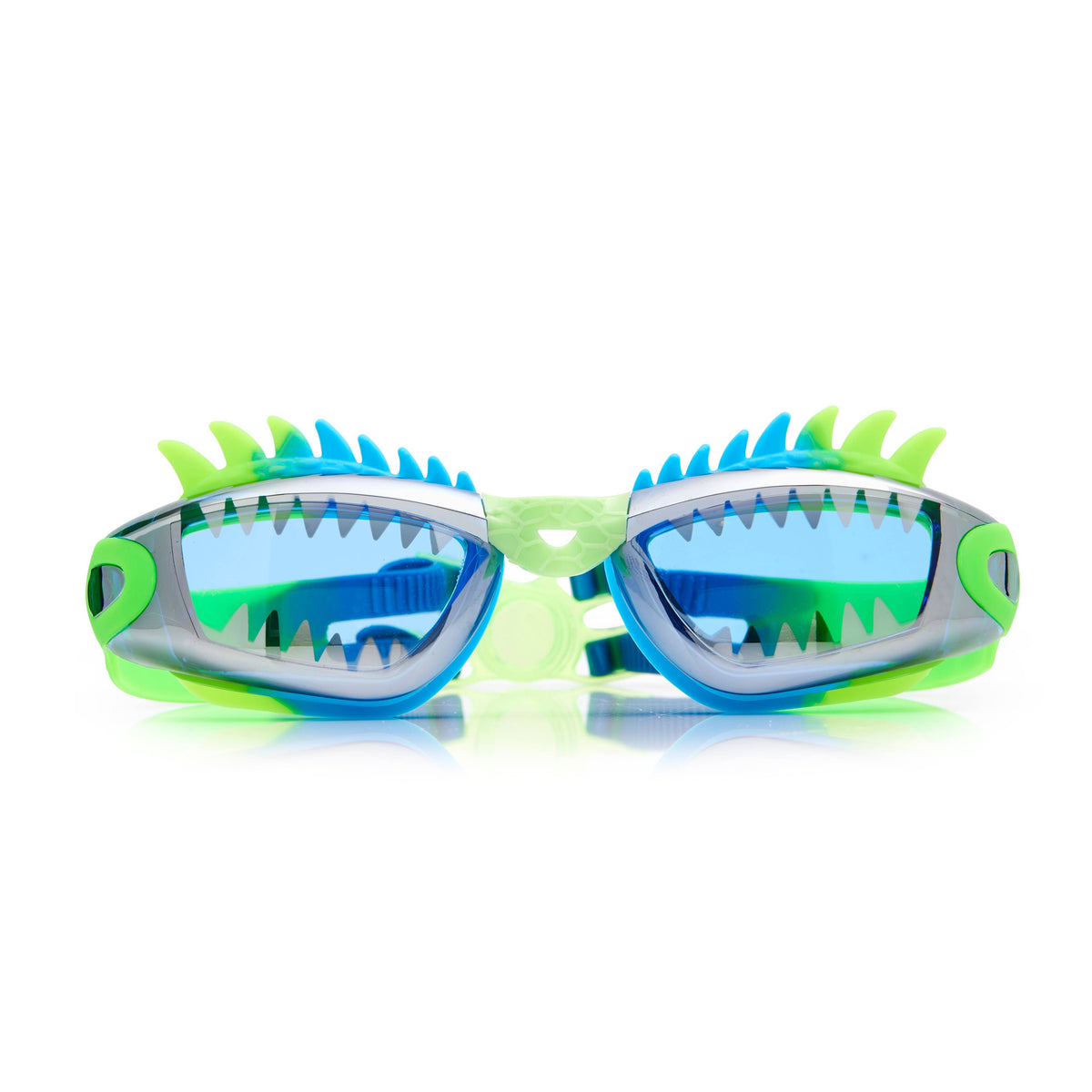 Pair of green and blue swim goggles with shark fin design on a white background.
