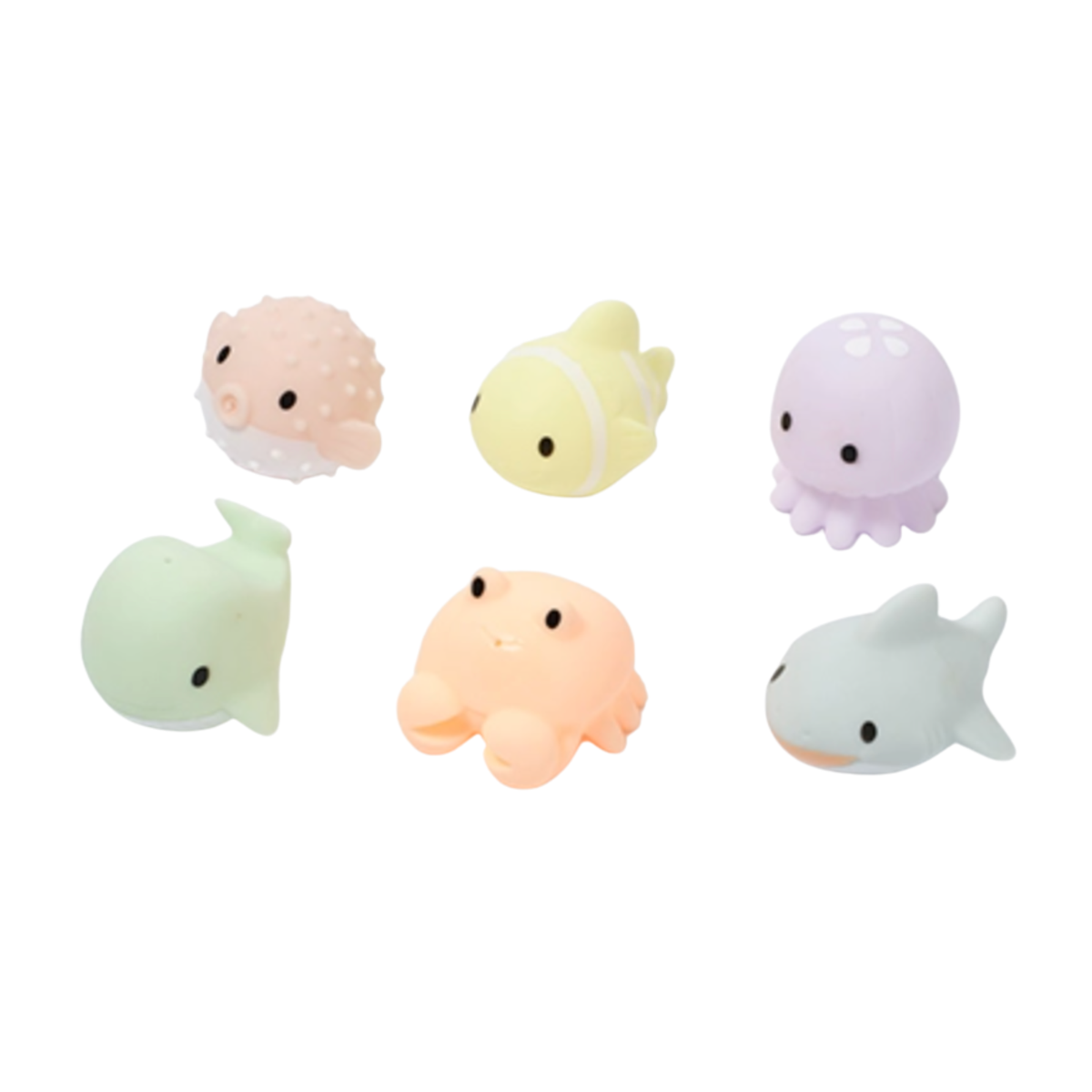 Set of six small sea animal toy figurines in pastel colors on a white background