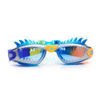 Colorful shark-themed swim goggles on a white background.