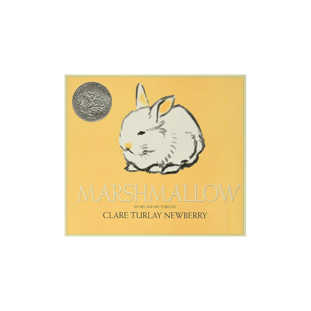 Book cover of 'Marshmallow' with a rabbit illustration on a yellow background.