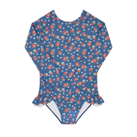 Blue floral one-piece swimsuit with long sleeves and ruffles at leg opening 