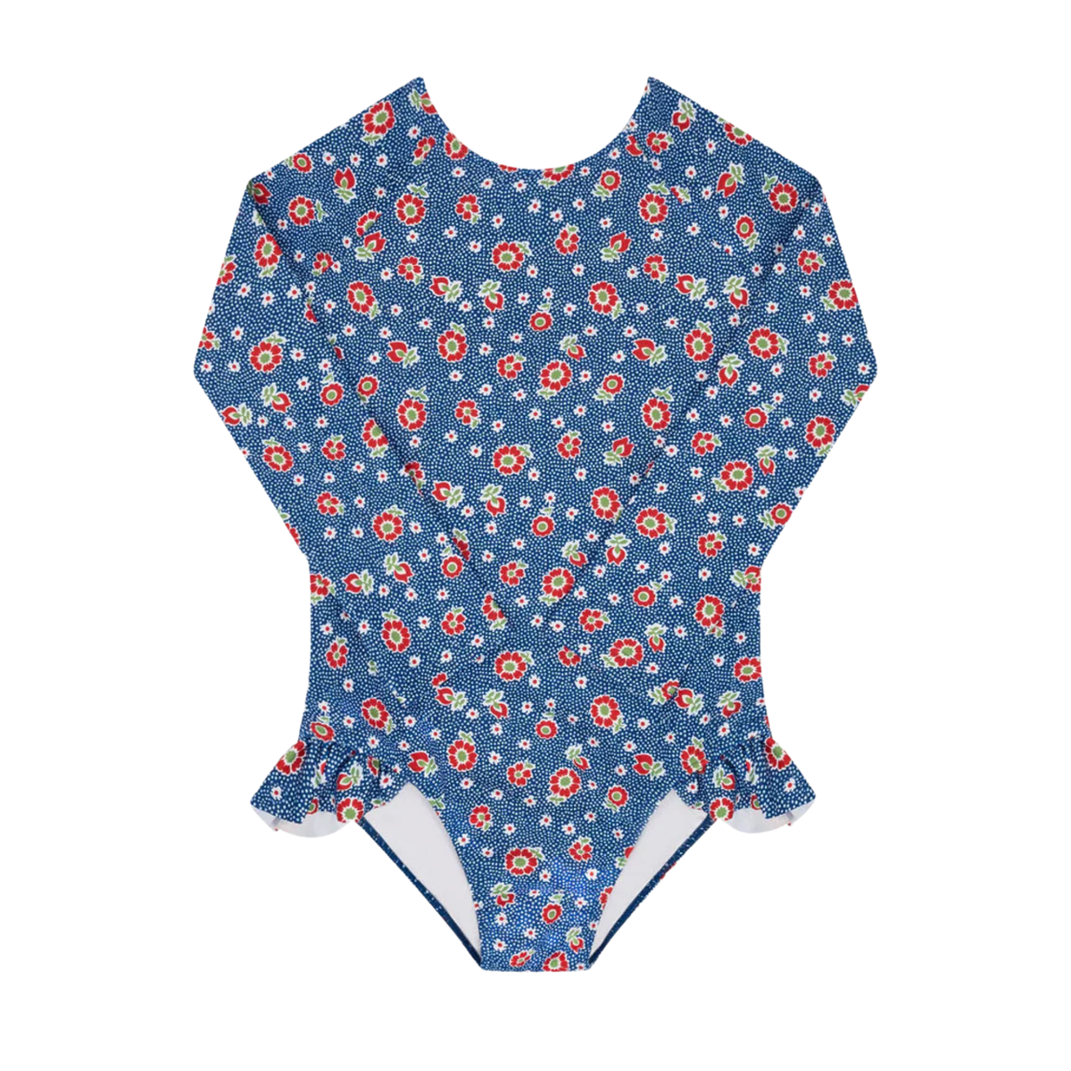 Blue floral one-piece swimsuit with long sleeves and ruffles at leg opening 