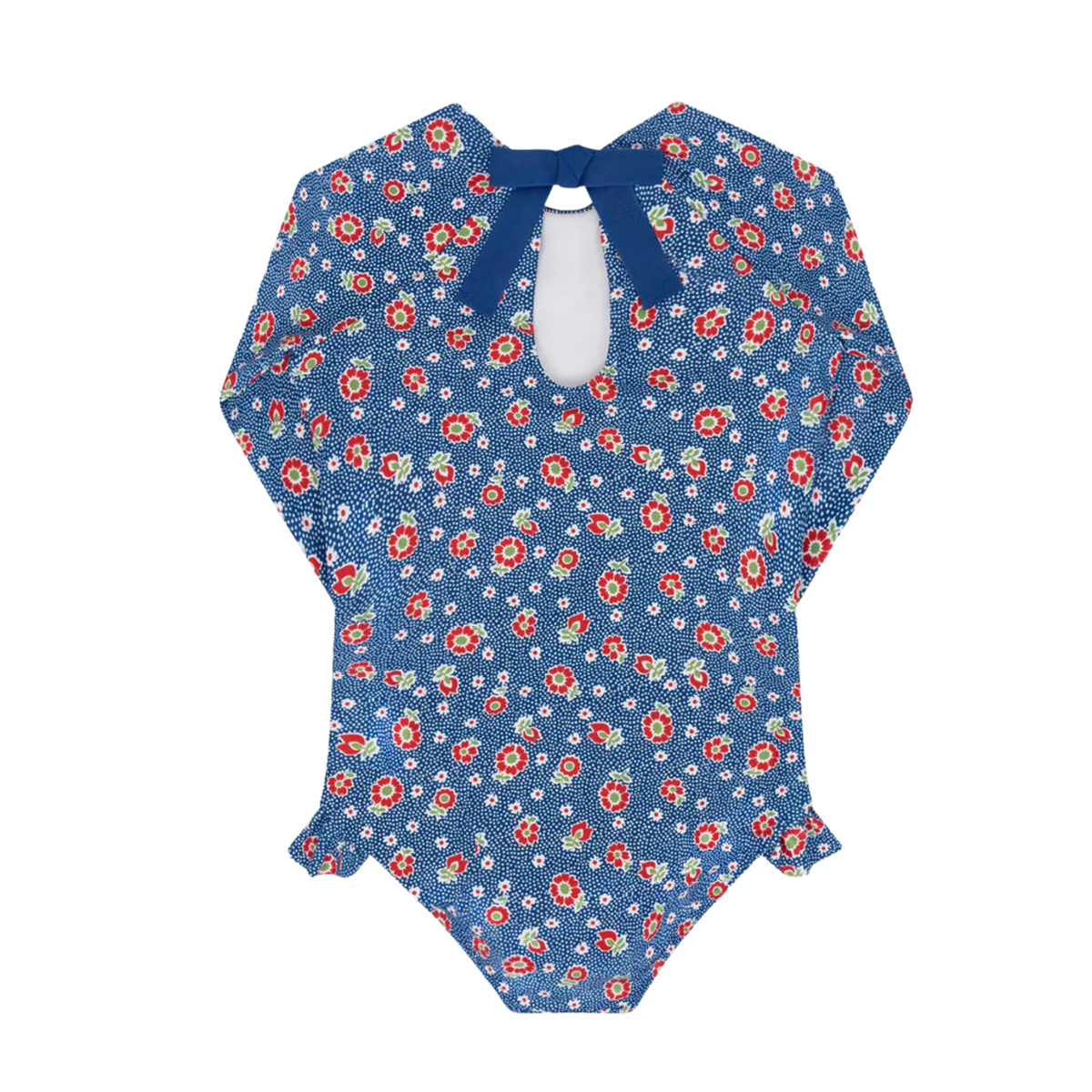 Back image of blue floral swimsuit with long sleeves, dark blue back bow and leg ruffles