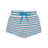 Red, white and blue  striped boardie swim shorts for him with a blue drawstring 