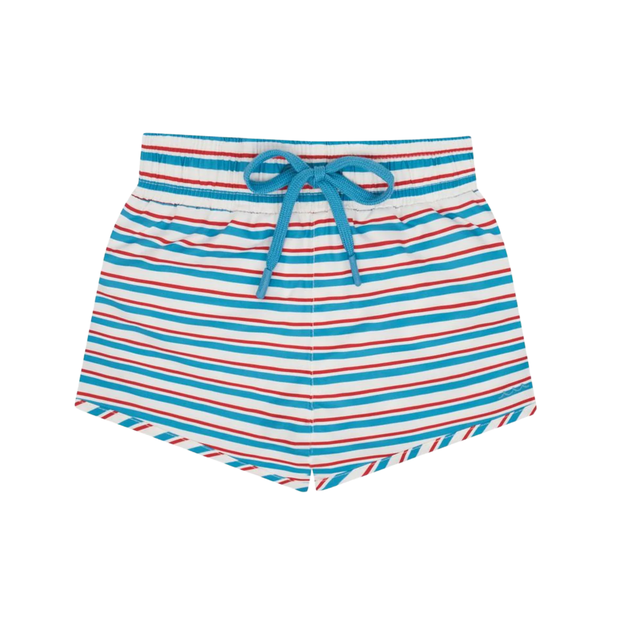 Red, white and blue  striped boardie swim shorts for him with a blue drawstring 