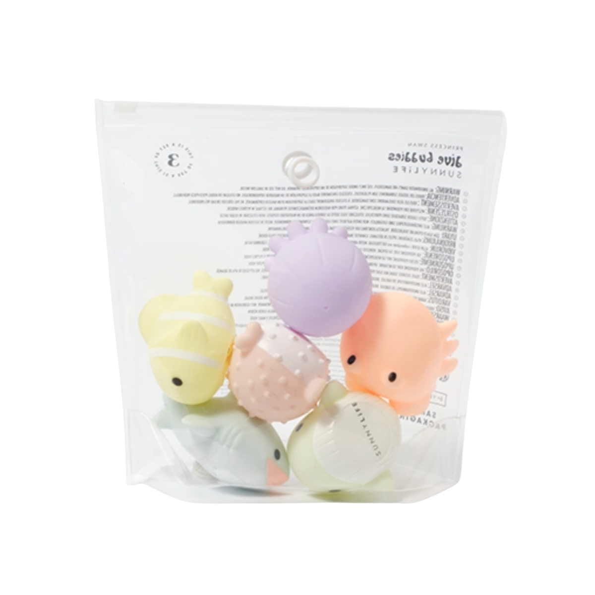 Set of pastel-colored bath toys in a clear package on a white background