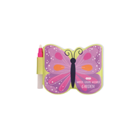 Butterfly-shaped coloring book with a pen on a white background.