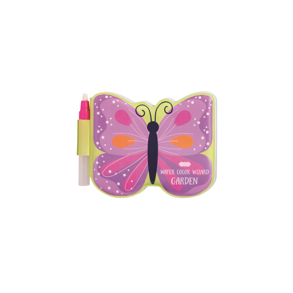 Butterfly-shaped coloring book with a pen on a white background.