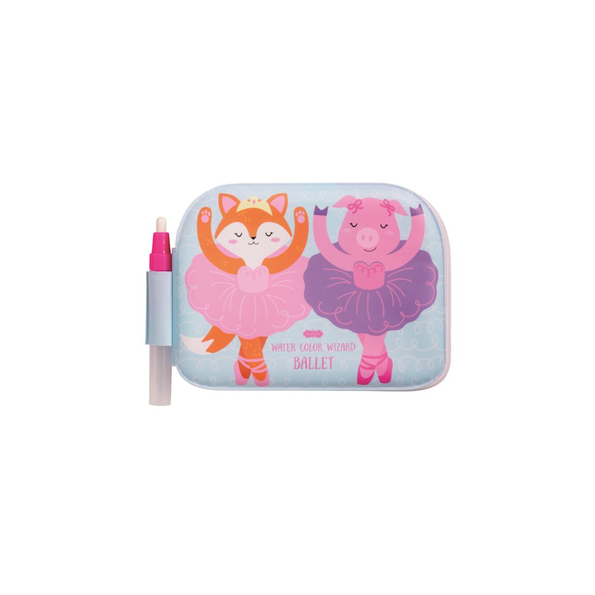 Cartoon fox and pig in ballet costumes on cover of coloring book set on a light blue background.