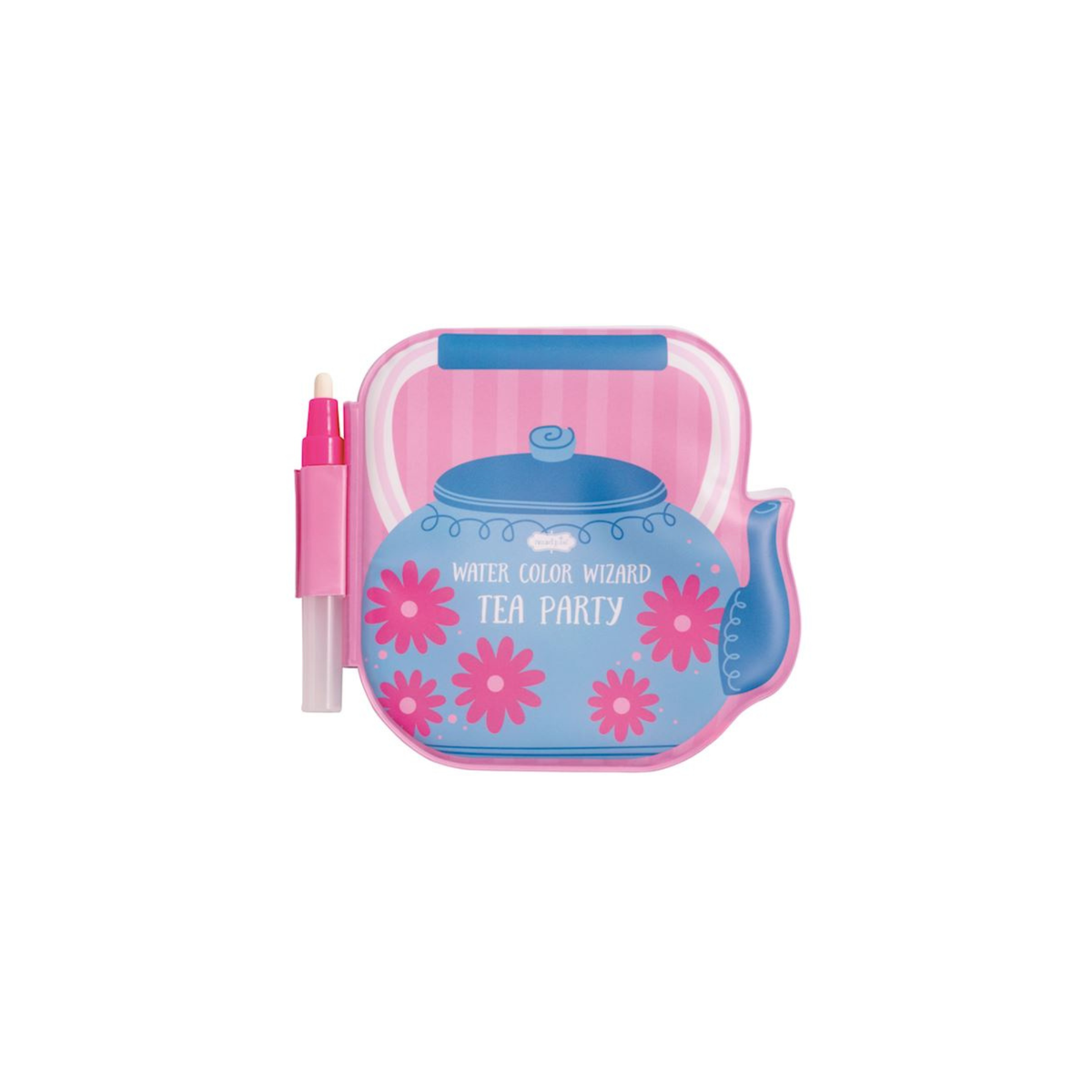 Children's tea party themed coloring set with teapot design on a white background.