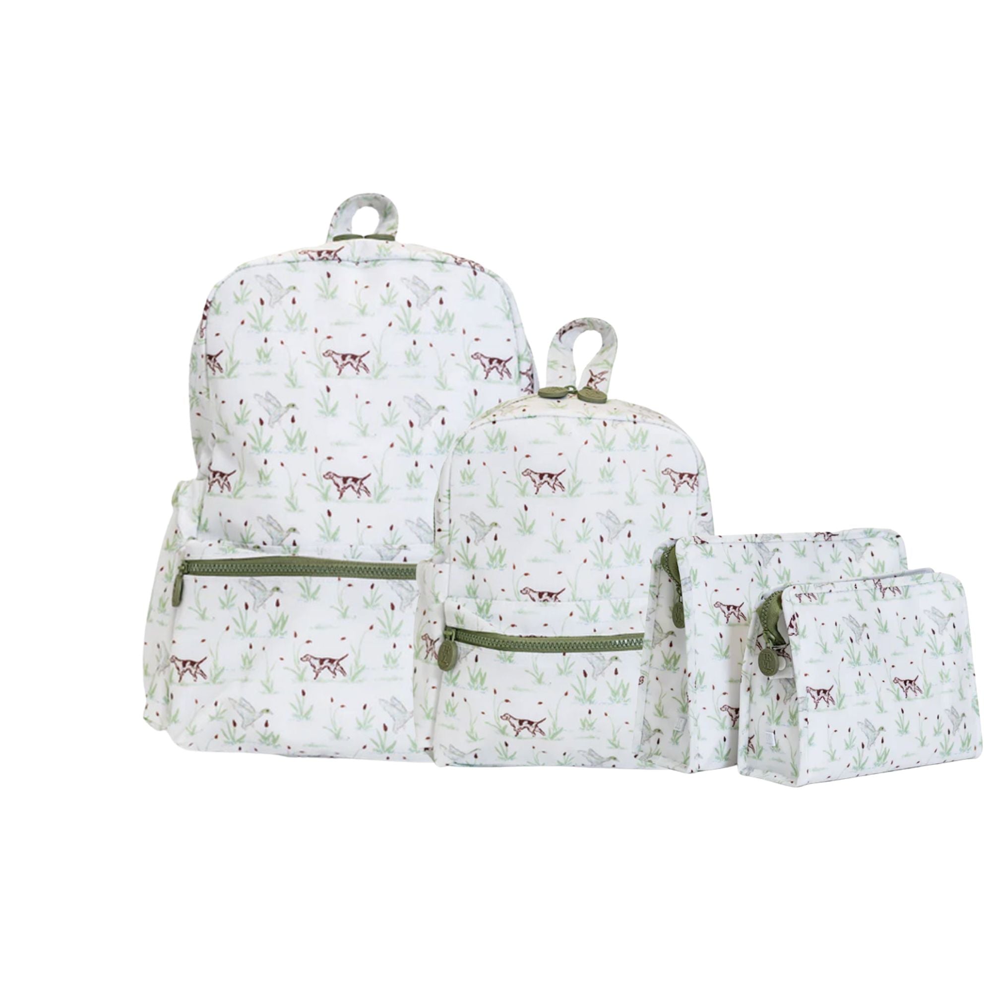 A four-piece set of travel accessories including a large and small backpack and two zippered bags shown on a white background.