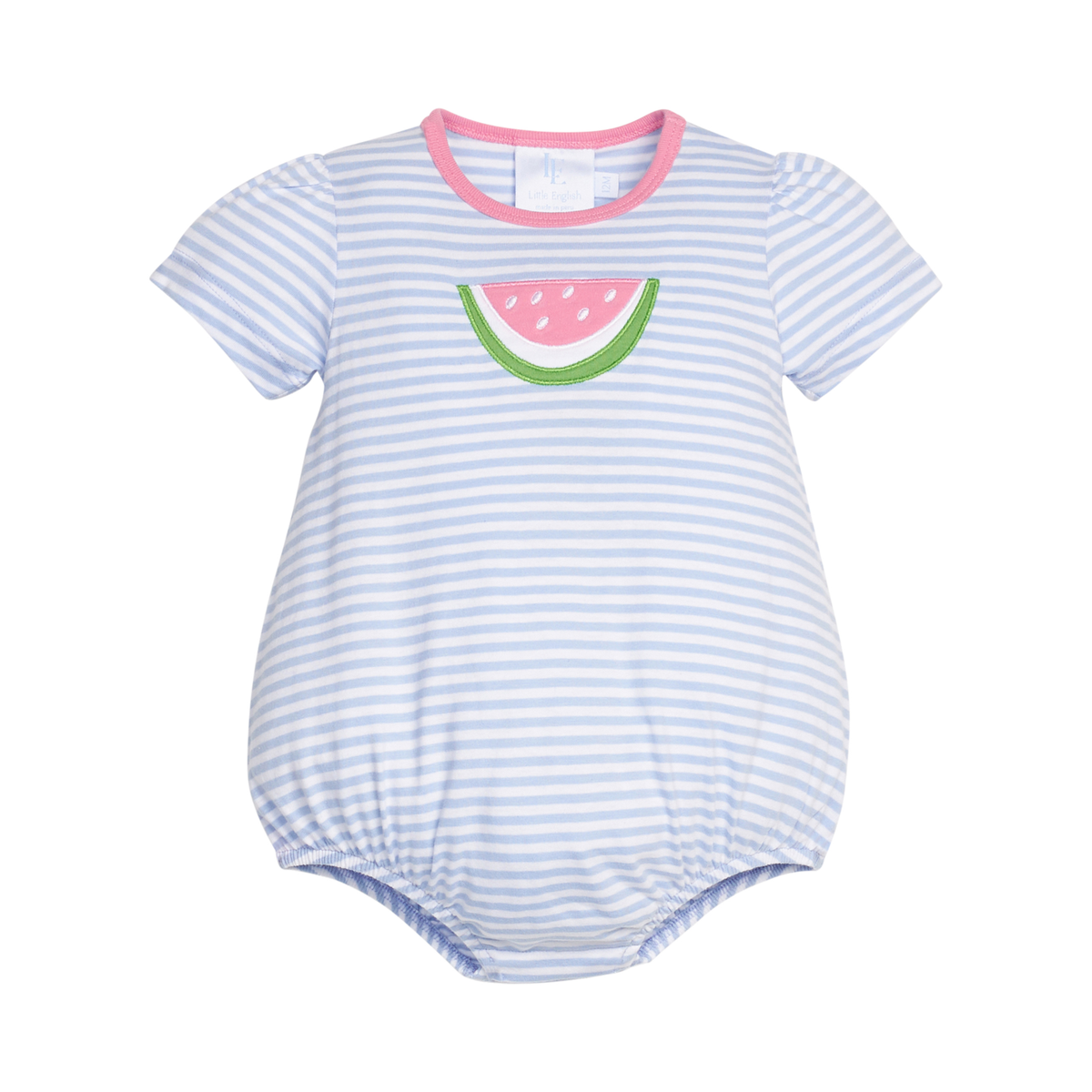 Blue and white romper with pink trim at neckline and slice of watermelon decoration on bodice on a white background.
