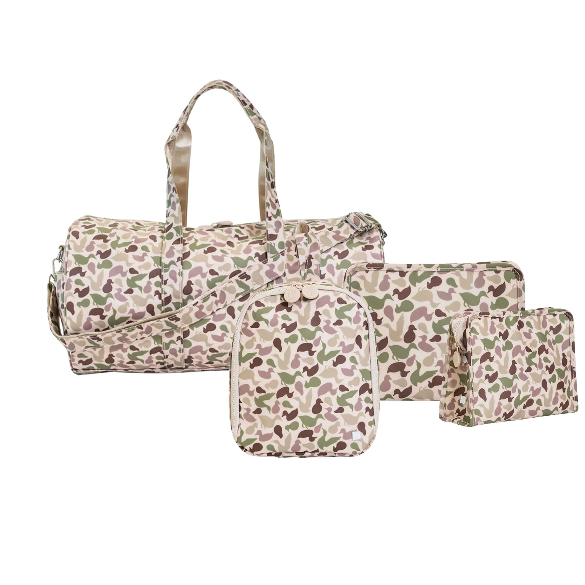 A matching 4-piece travel bag set in a beige, brown, and green camouflage pattern, including a duffel bag and four storage pouches, shown on a plain white background.