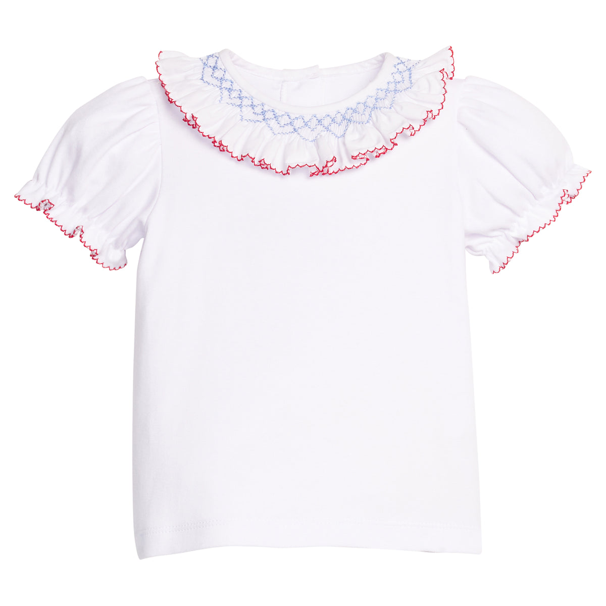 White blouse with red and blue ruffled trim on a white background.