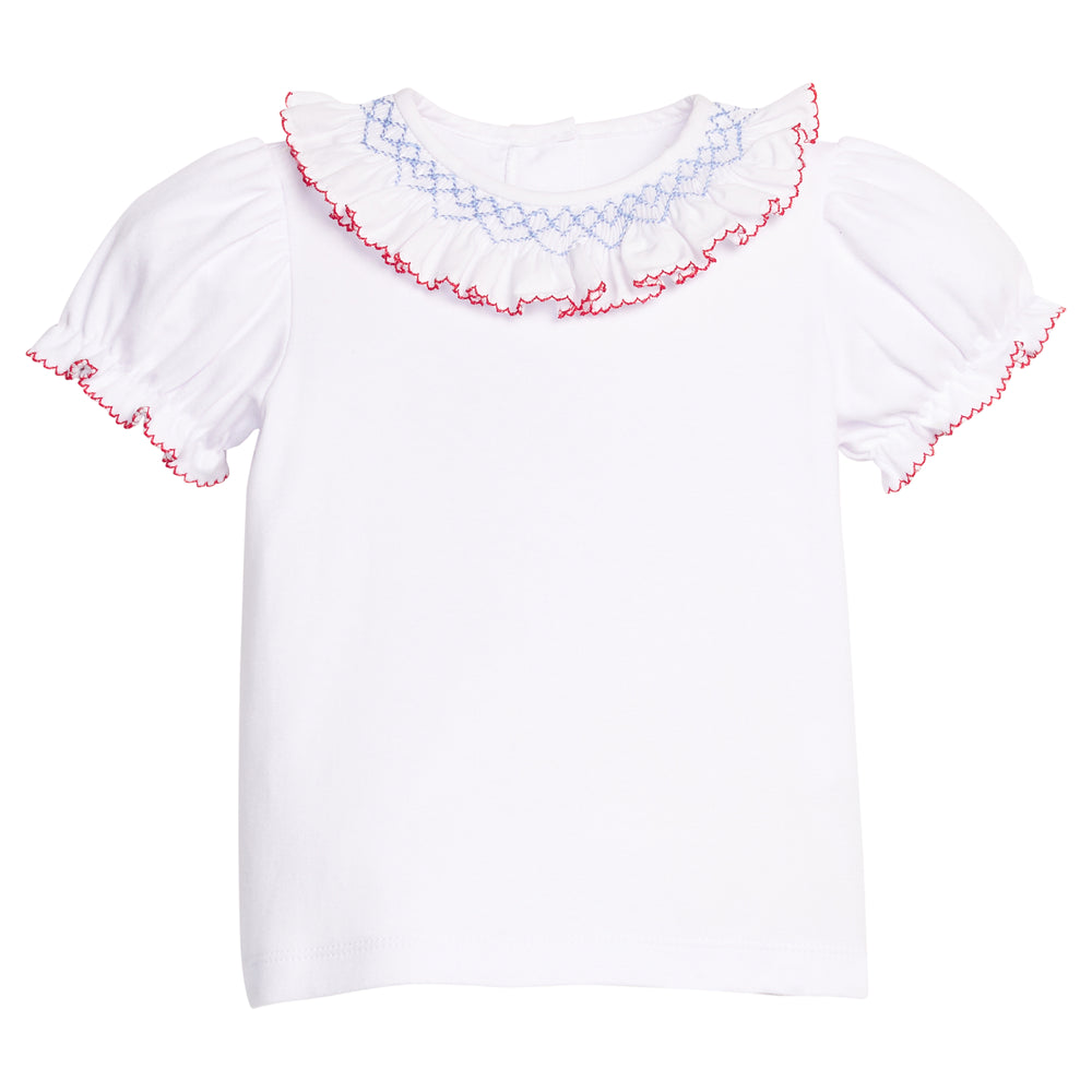 Short Sleeve Smocked Blouse in Blue/Red