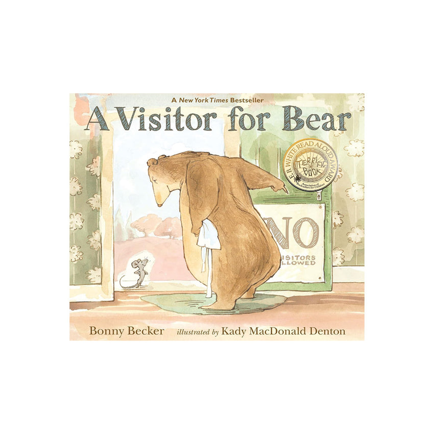 Children's book cover for 'A Visitor for Bear' by Bonny Becker, illustrated by Kady MacDonald Denton. The cover features a watercolor-style illustration of a brown bear wearing a white shirt and holding a cane, standing in front of a doorway with a mouse peeking out.