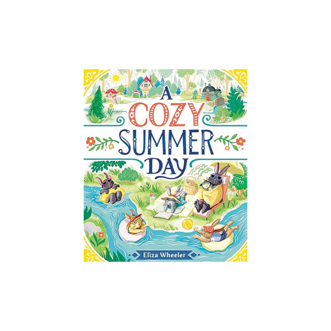 Book cover of 'A Cozy Summer Day' with illustrations of animals by a river.