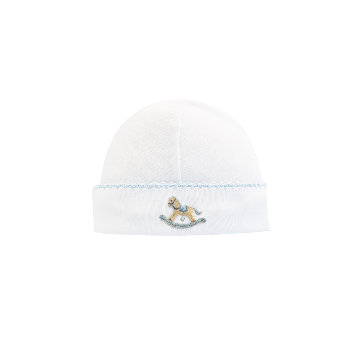 Blue trimmed white baby hat with an embroidered rocking horse
