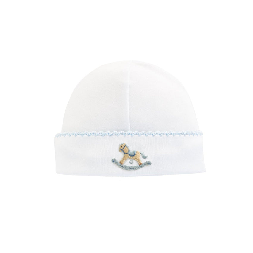 Blue trimmed white baby hat with an embroidered rocking horse

