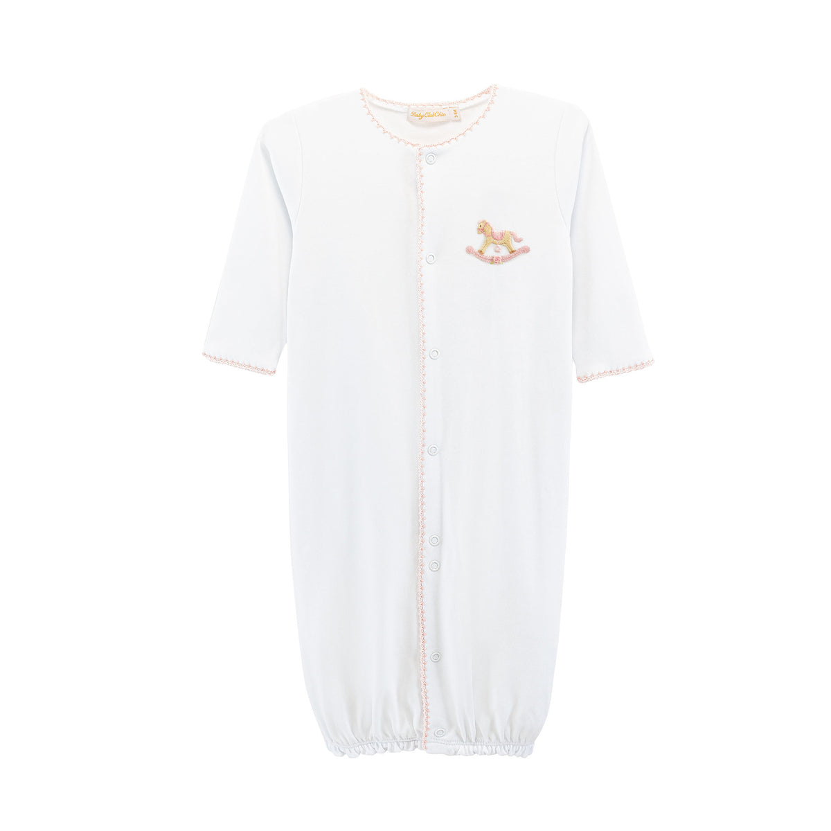 Pink trimmed white converter with small rocking horse design embroidered on chest 