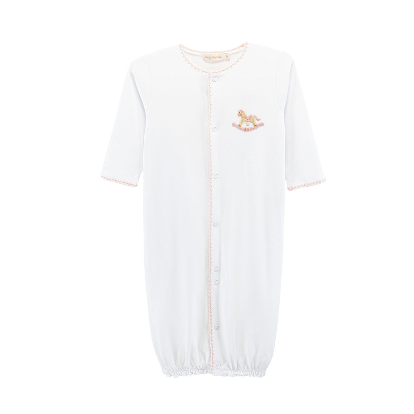 Pink trimmed white converter with small rocking horse design embroidered on chest 
