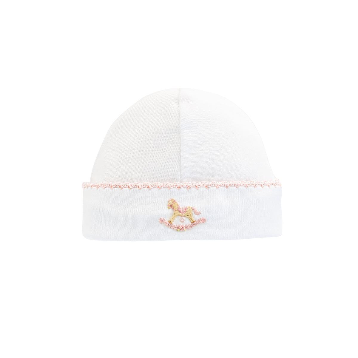 Pink trimmed white baby hat with embroidered rocking horse 
