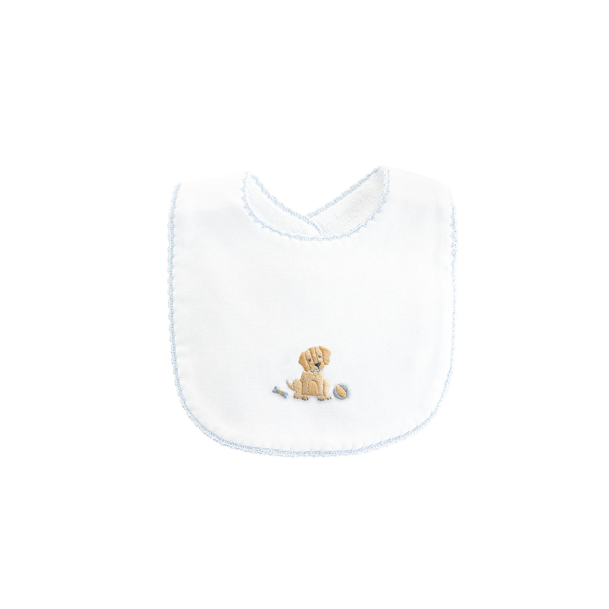 Blue trimmed white  bib with embroidered puppy
