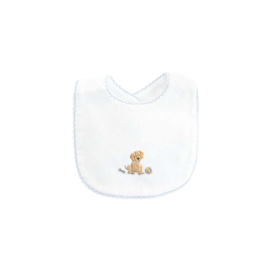 Blue trimmed white  bib with embroidered puppy