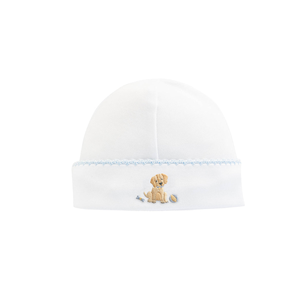 Blue trimmed white baby hat with an embroidered puppy 