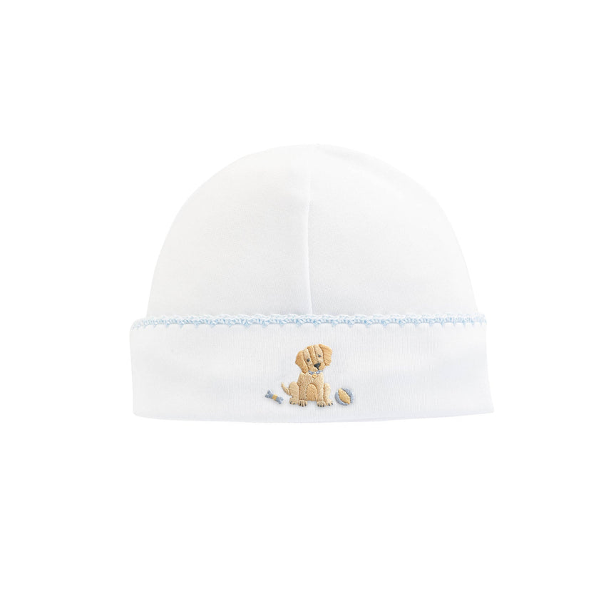 Blue trimmed white baby hat with an embroidered puppy 