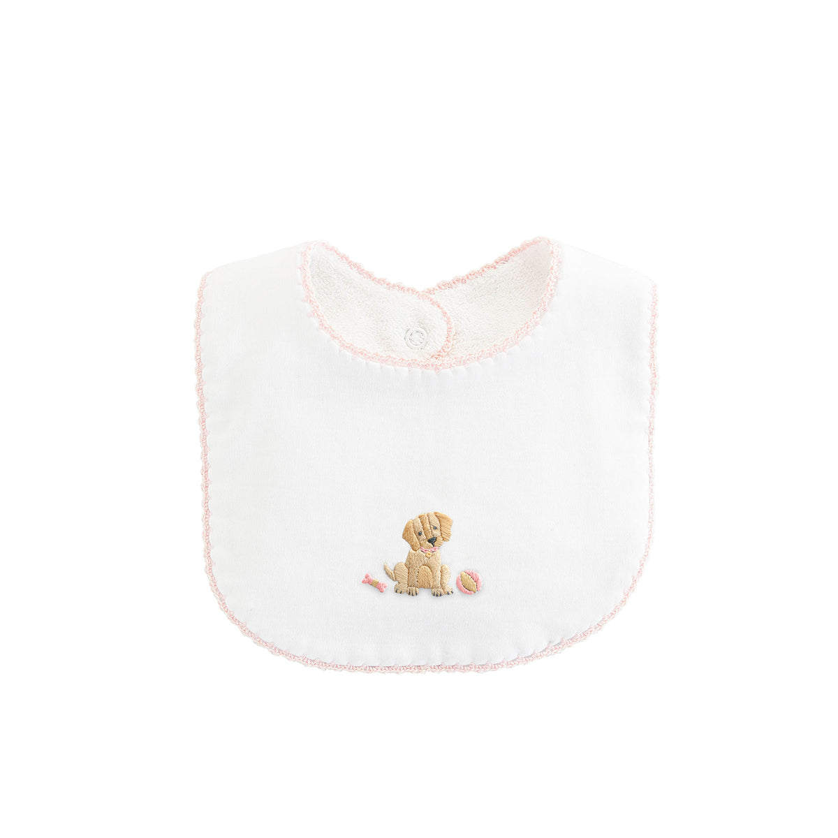 Pink trimmed white bib with puppy embroidery