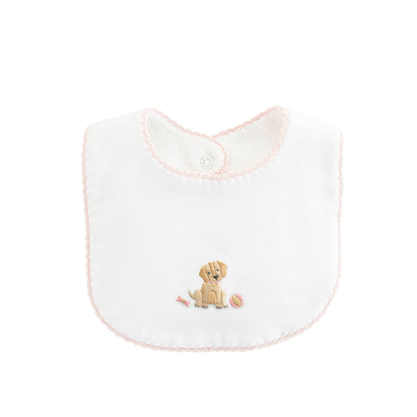 Pink trimmed white bib with puppy embroidery