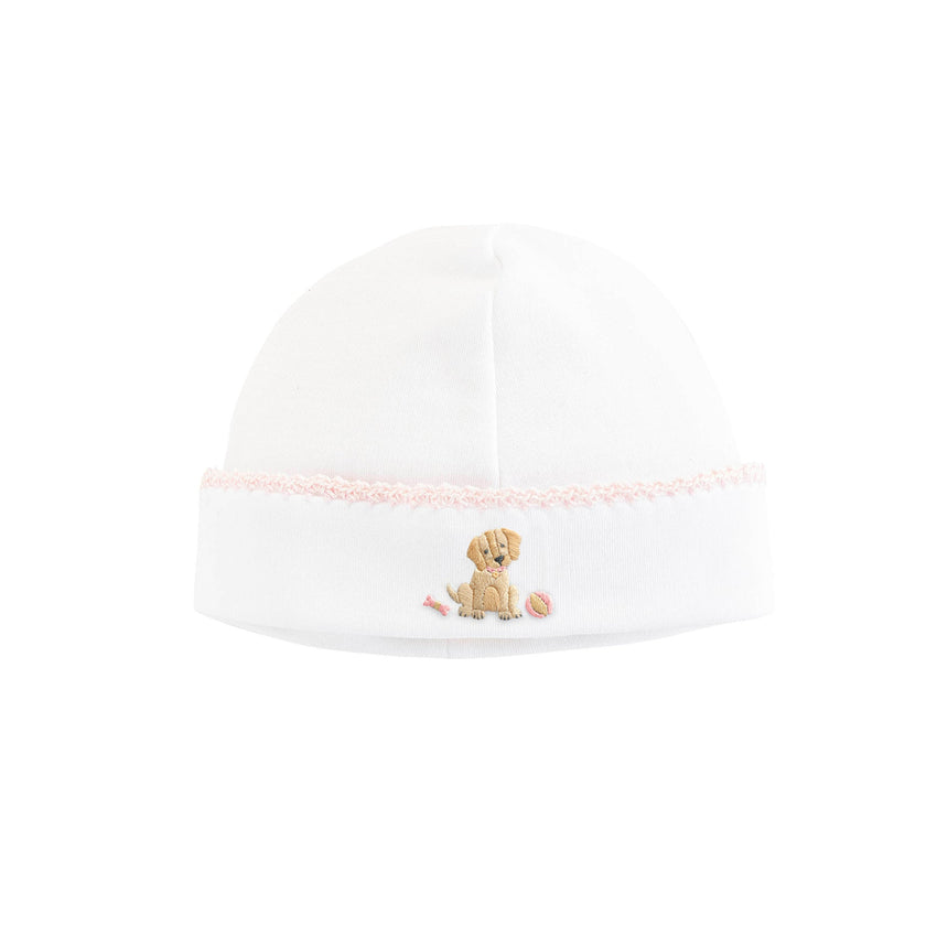 Pink trimmed white baby hat with an embroidered puppy 