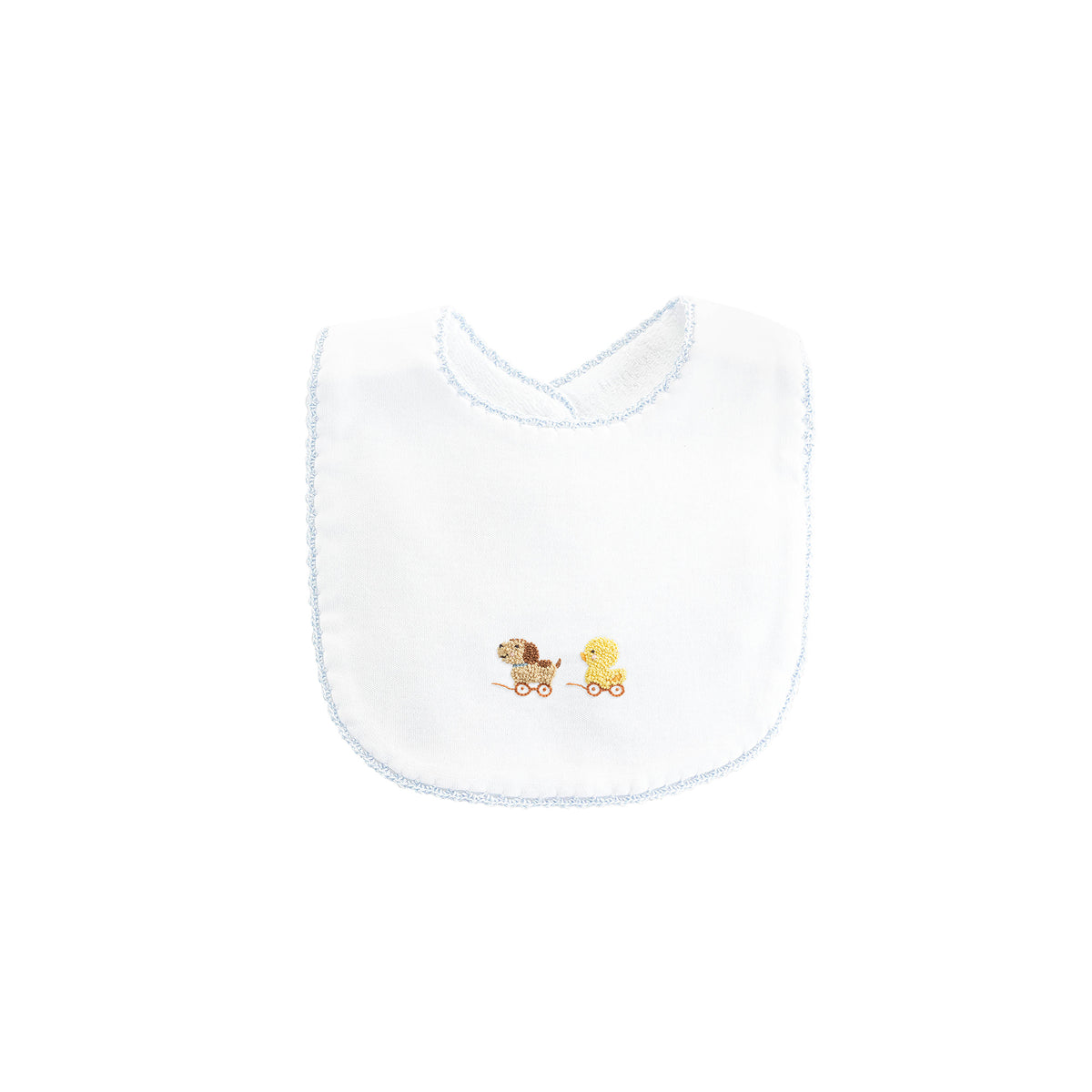 Blue trimmed white bib with embroidered puppy and duck on wheels  