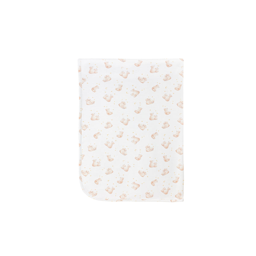 White receiving blanket with a teddy bear print 