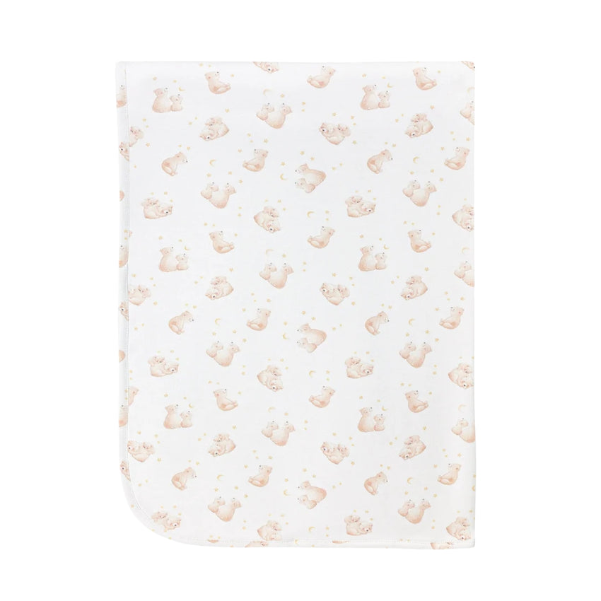 White receiving blanket with a teddy bear print 