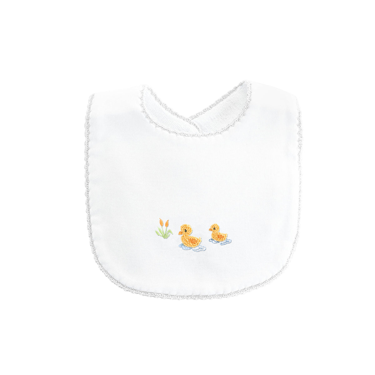 Light grey trimmed white bib with a pair of embroidered ducks 