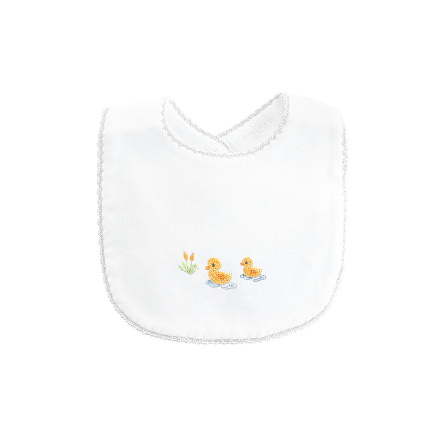 Light grey trimmed white bib with a pair of embroidered ducks 