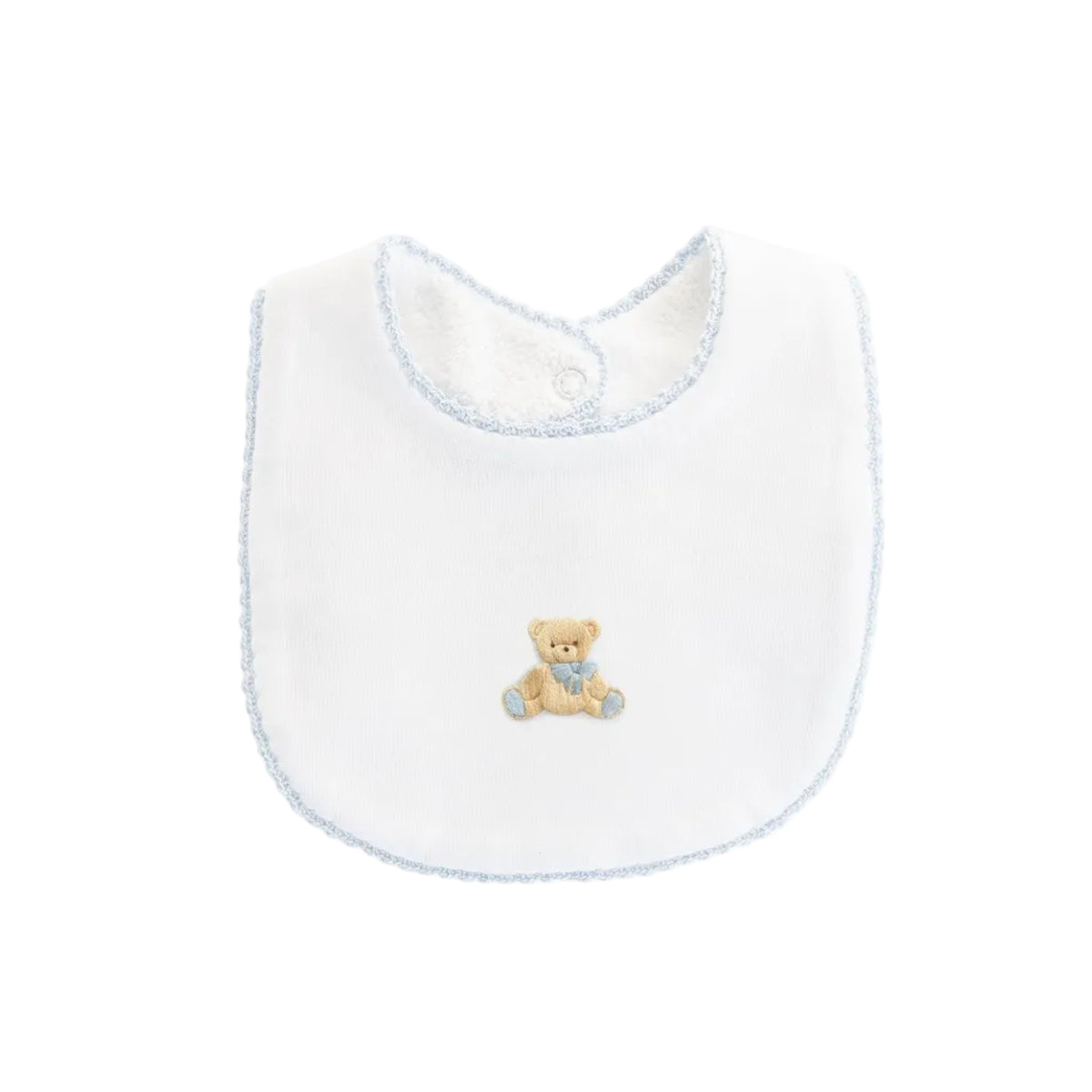 Blue trimmed white bib with teddy bear embroidery