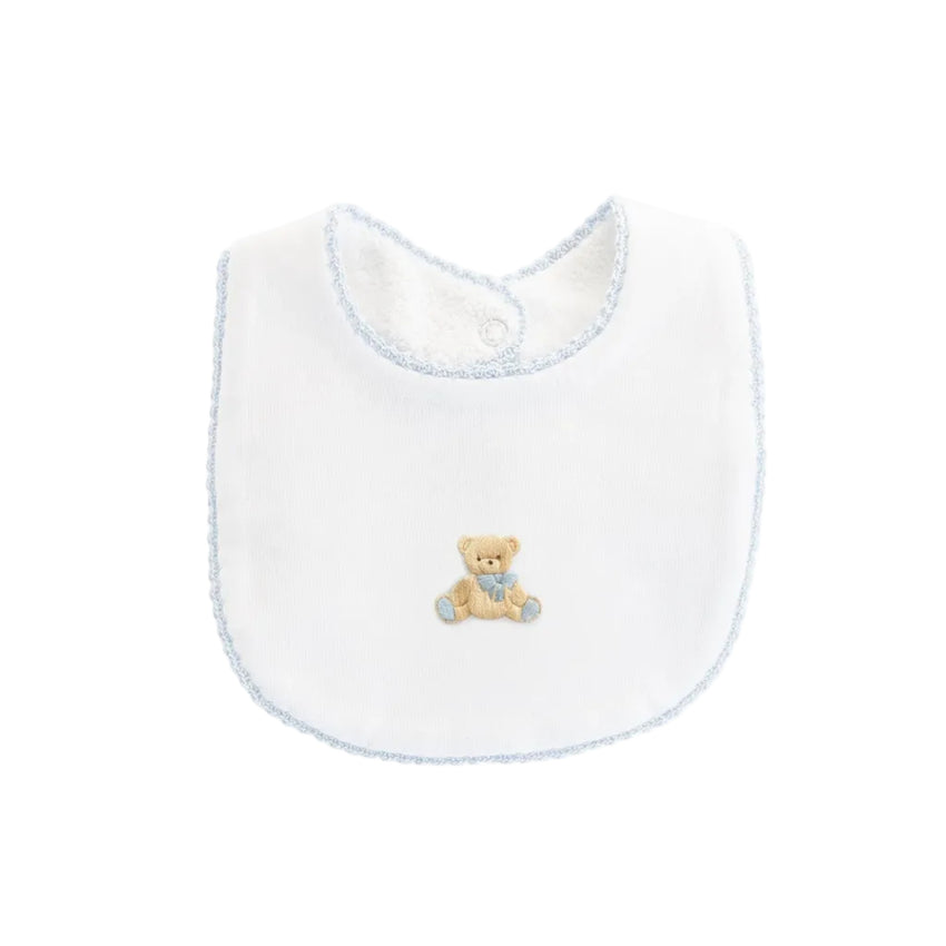 Blue trimmed white bib with teddy bear embroidery