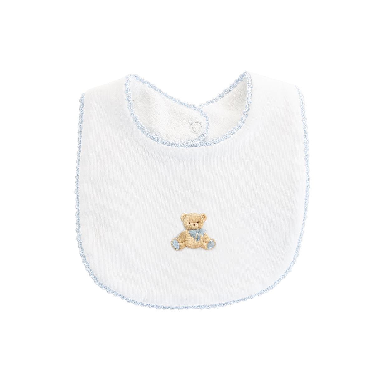 Blue trimmed white bib with teddy bear embroidery