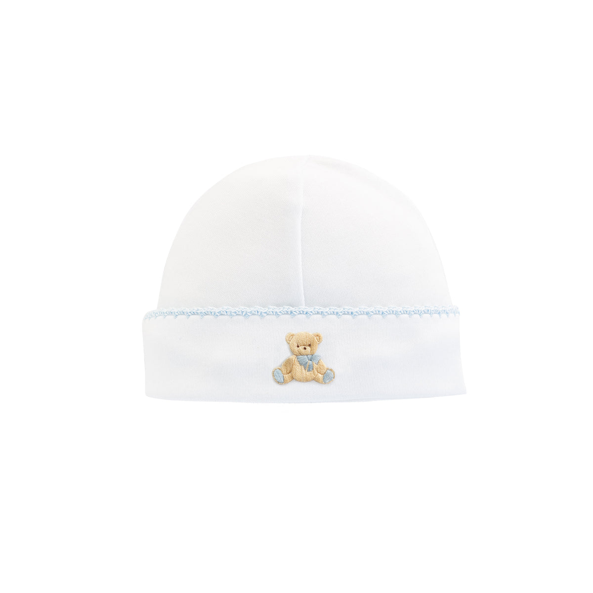 Blue trimmed white baby hat with an embroidered  teddy bear 
